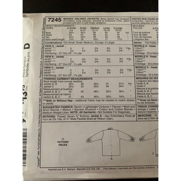 McCall's Misses Jacket Sewing Pattern Sz XSM - Med 7245 - Uncut - Picture 6 of 9